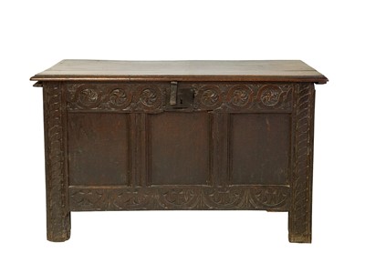 Lot 741 - An 18th century oak panel coffer.