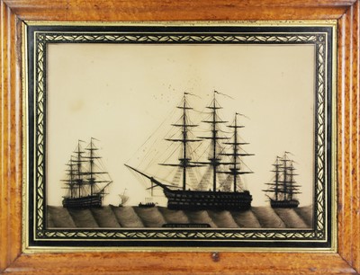 Lot 845 - A 19th century reverse silhouette painting on glass titled HMS Royal Sovereign.