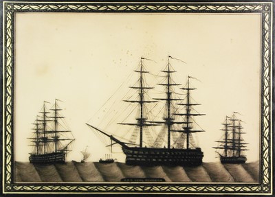 Lot 845 - A 19th century reverse silhouette painting on glass titled HMS Royal Sovereign.