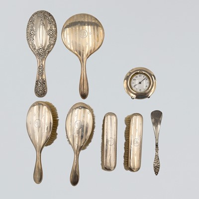 Lot 247 - A George V silver five piece dressing table set by William Neale & Son.