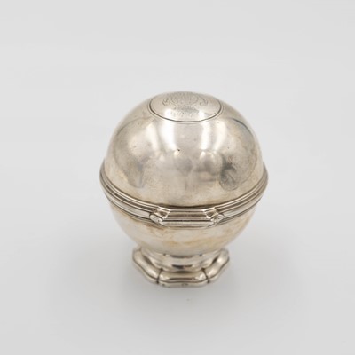 Lot 207 - A rare 18th-century silver soap box of spherical pedestal form.