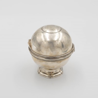 Lot 207 - A rare 18th-century silver soap box of spherical pedestal form.