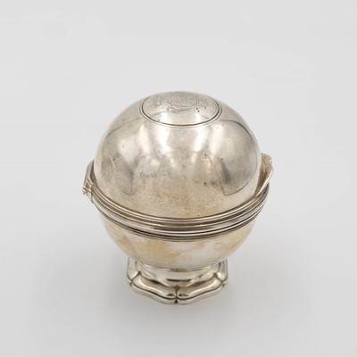 Lot 207 - A rare 18th-century silver soap box of spherical pedestal form.