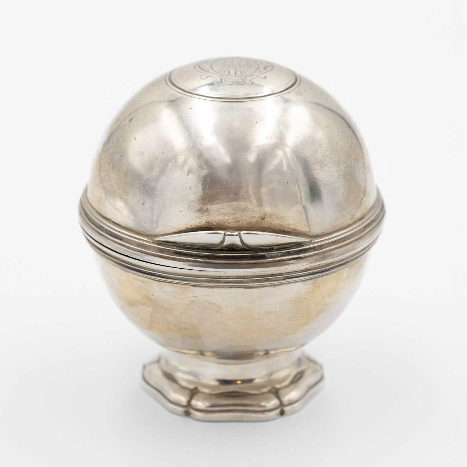 Lot 207 - A rare 18th-century silver soap box of spherical pedestal form.
