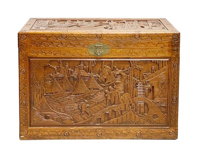 Lot 417 - A Chinese large carved camphor wood chest.