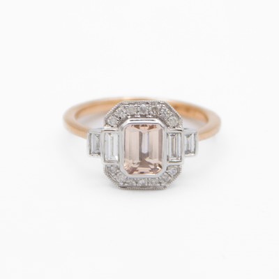 Lot 96 - A 9k Art Deco style rose and white gold morganite and diamond set ring.