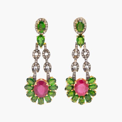 Lot 103 - An eccentric pair of silver-gilt ruby, chrome diopside and diamond set pendant earrings.