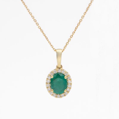 Lot 111 - A 9k oval emerald and diamond cluster pendant on a 9k neck chain.