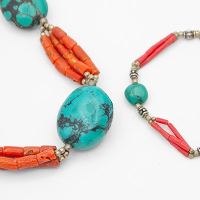 Lot 90 - A native American Navajo silver, turquoise and red coral necklace with a similar bracelet.