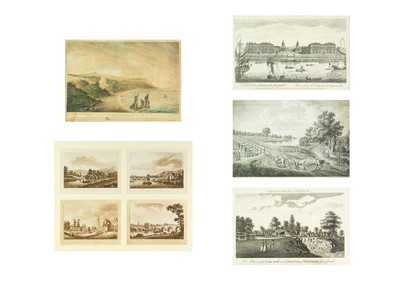 Lot 834 - A set of four 19th century sepia watercolour paintings of a topographical nature, framed as one.