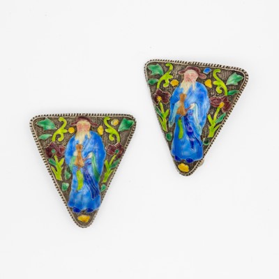 Lot 93 - A pair of 1920's Chinese silver and cloisonne enamel dress clips.