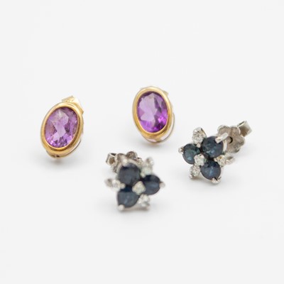 Lot 97 - A pair of white gold sapphire and cz cluster set stud earrings, and a pair of 9k Amethyst set studs.