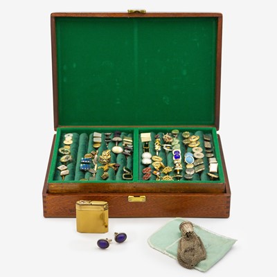 Lot 108 - A mahogany hinged jewellery box containing a collection of base metal cuff-links etc.