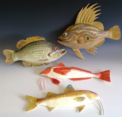 Lot 258 - Four Sue Baker hand painted papier-mâché fish...