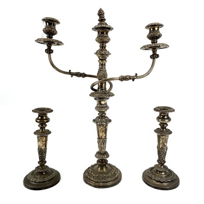 Lot 314 - An Old Sheffield Plate three-sconce candelabrum.