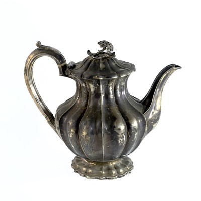 Lot 281 - A George IV silver pear shape teapot with flower finial by Richard Pearce & George Burrows