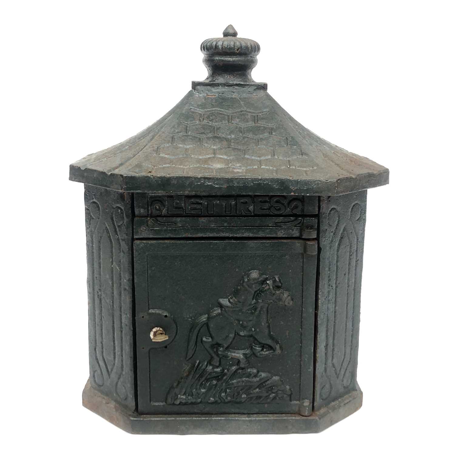 Lot 124 - A green painted cast iron mail box, 'LETTRES',...