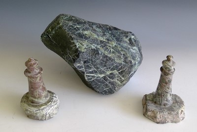 Lot 255 - Two carved serpentine models of lighthouses on...