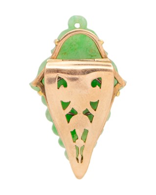 Lot 3 - An Art Deco rose gold green jadeite set dress clip.