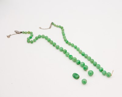 Lot 4 - A green jadeite graduated bead necklace with white gold clasp, in need of re-stringing.