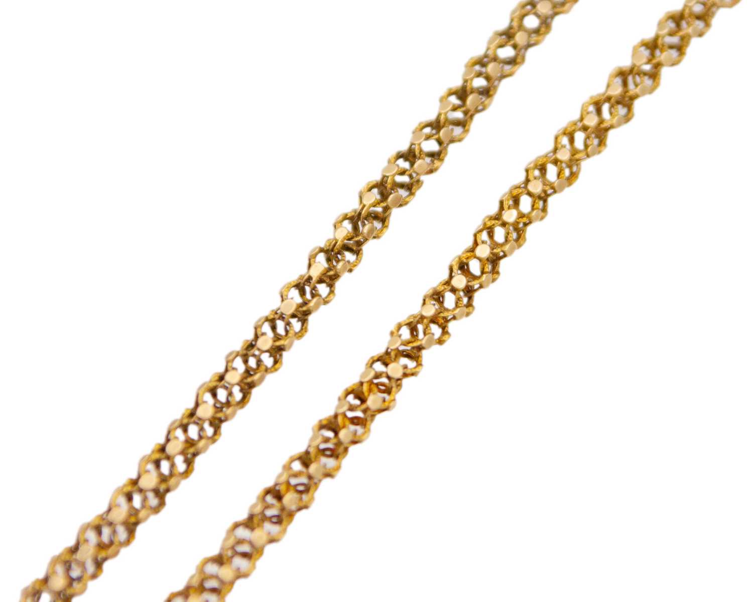 Lot 5 - A gold fancy-link 19" neck chain with line cut barrel clasp.