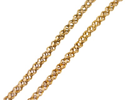 Lot 5 - A gold fancy-link 19" neck chain with line cut barrel clasp.