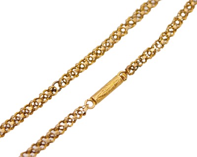 Lot 5 - A gold fancy-link 19" neck chain with line cut barrel clasp.