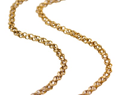 Lot 5 - A gold fancy-link 19" neck chain with line cut barrel clasp.
