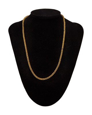 Lot 5 - A gold fancy-link 19" neck chain with line cut barrel clasp.