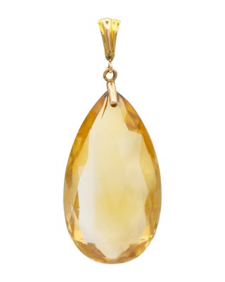 Lot 6 - A briolette-cut citrine pendant with gold bale.