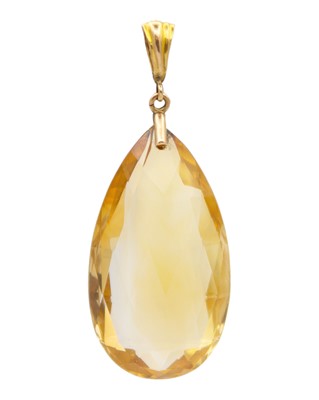 Lot 6 - A briolette-cut citrine pendant with gold bale.