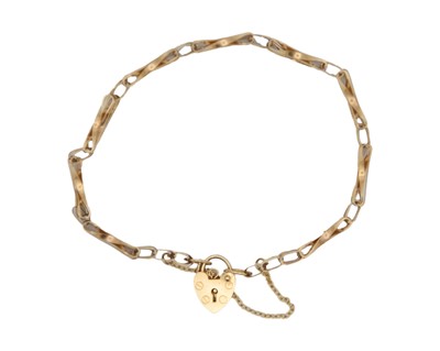 Lot 14 - A 9k hallmarked gold five-bar gate-link bracelet with padlock clasp.