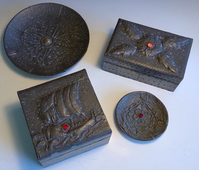 Lot 303 - An Arts and Crafts period hammered pewter box,...