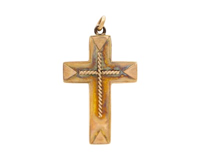 Lot 37 - Two Victorian gold cross pendants and a woven sea pearl cross pendant with gold bale.