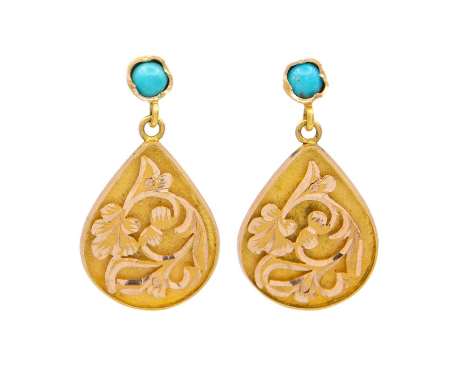 Lot 35 - A pair of Eastern gold turquoise set pendant stud earrings.