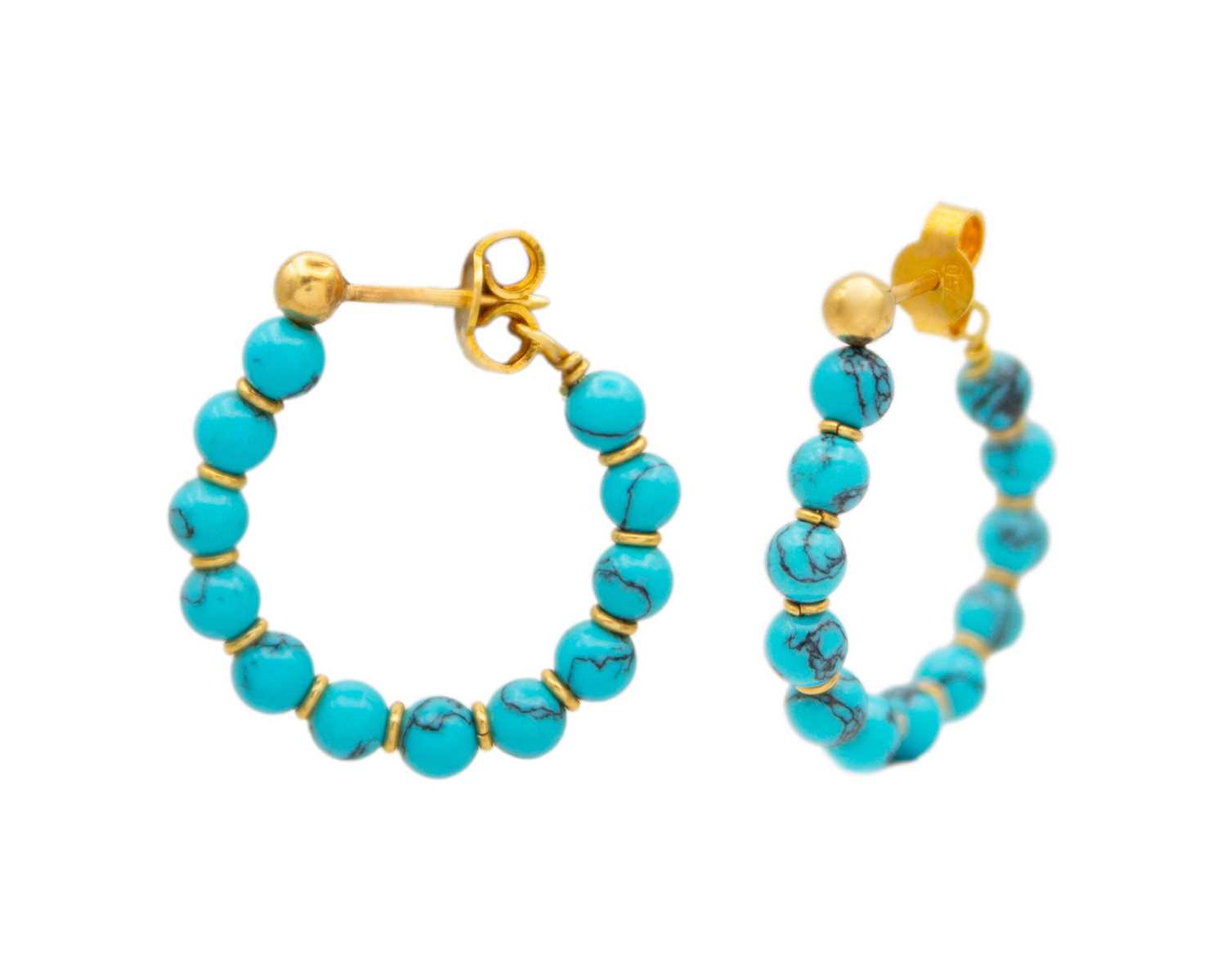 Lot 38 - A pair of 18k turquoise bead hoop earrings.