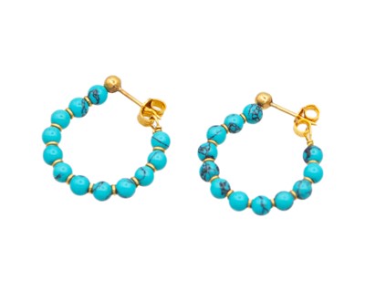 Lot 38 - A pair of 18k turquoise bead hoop earrings.