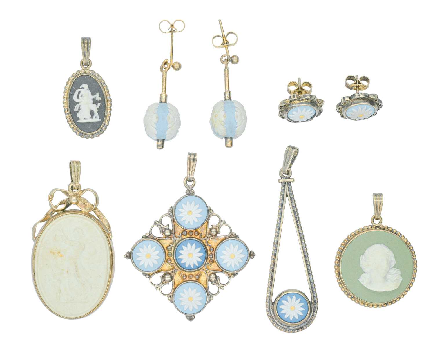 Lot 88 - A selection of silver mounted Wedgwood jasper-ware jewels.