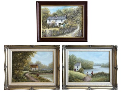 Lot 151 - Three oil on canvas cottage scenes, two are...