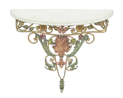 Lot 841 - A wrought iron marble top demi-lune console table.
