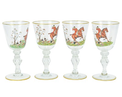 Lot 526 - A set of four hand painted glasses.