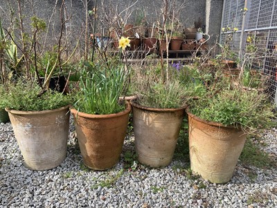 Lot 831 - A set of four terracotta plant pots with impressed decoration.