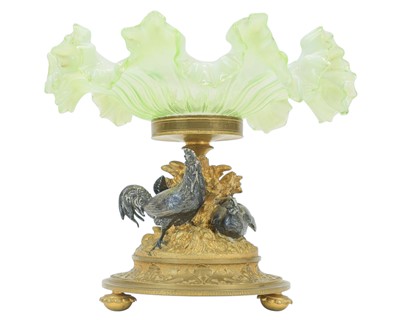Lot 7 - A 19th century vaseline glass tazza or centrepiece on a gilt bronze and silvered stand.