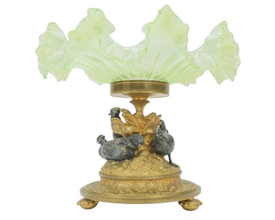 Lot 7 - A 19th century vaseline glass tazza or centrepiece on a gilt bronze and silvered stand.