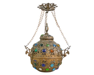 Lot 787 - A brass and jewelled hanging mosque type lamp or lantern.