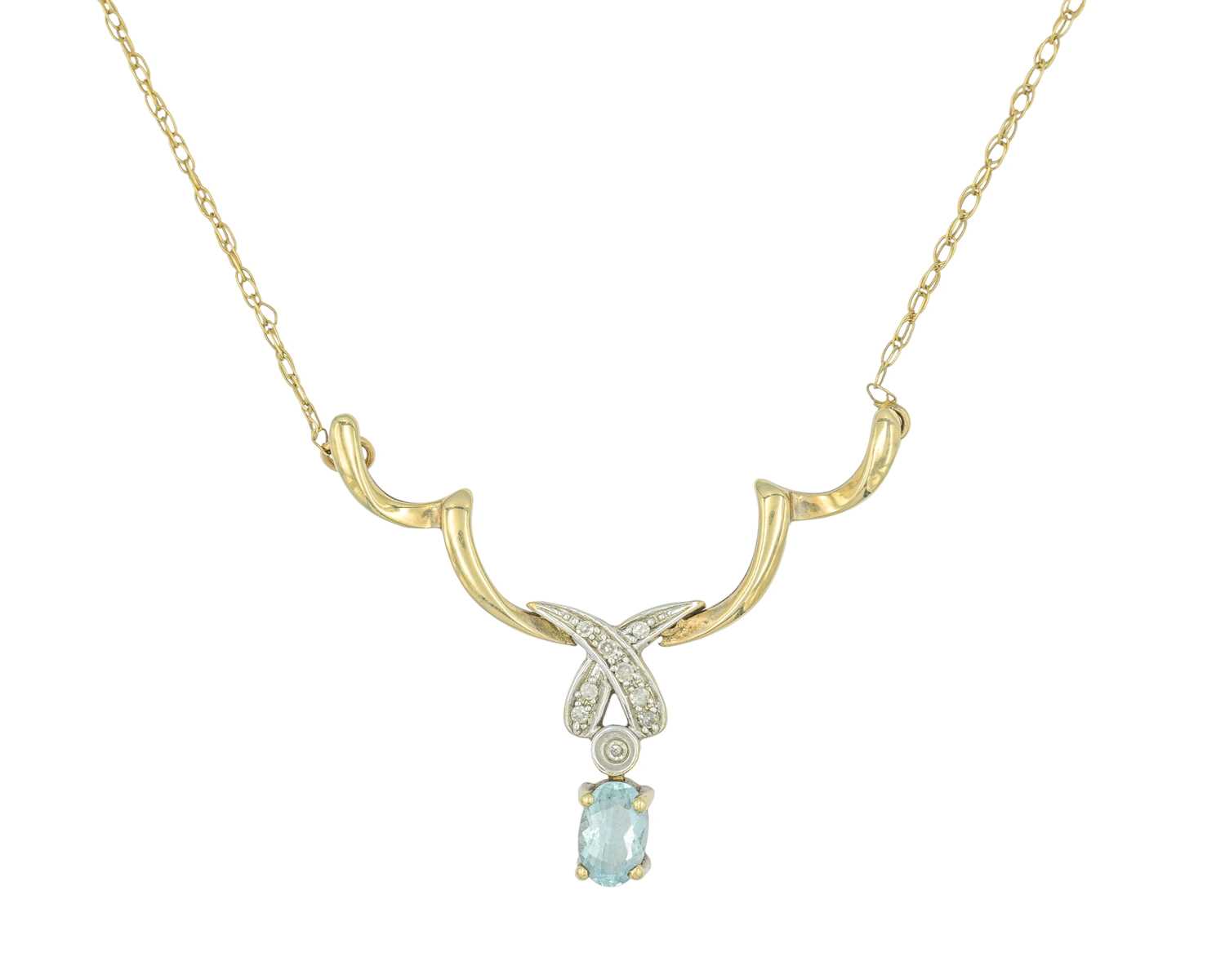 Lot 69 - A 9k blue topaz and diamond set pendant necklace.
