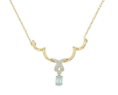 Lot 69 - A 9k blue topaz and diamond set pendant necklace.