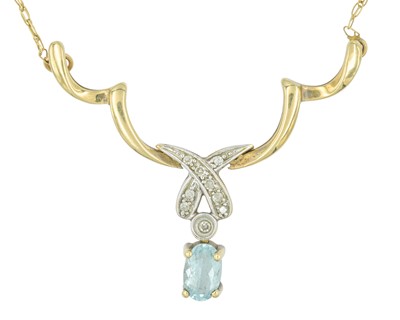Lot 69 - A 9k blue topaz and diamond set pendant necklace.