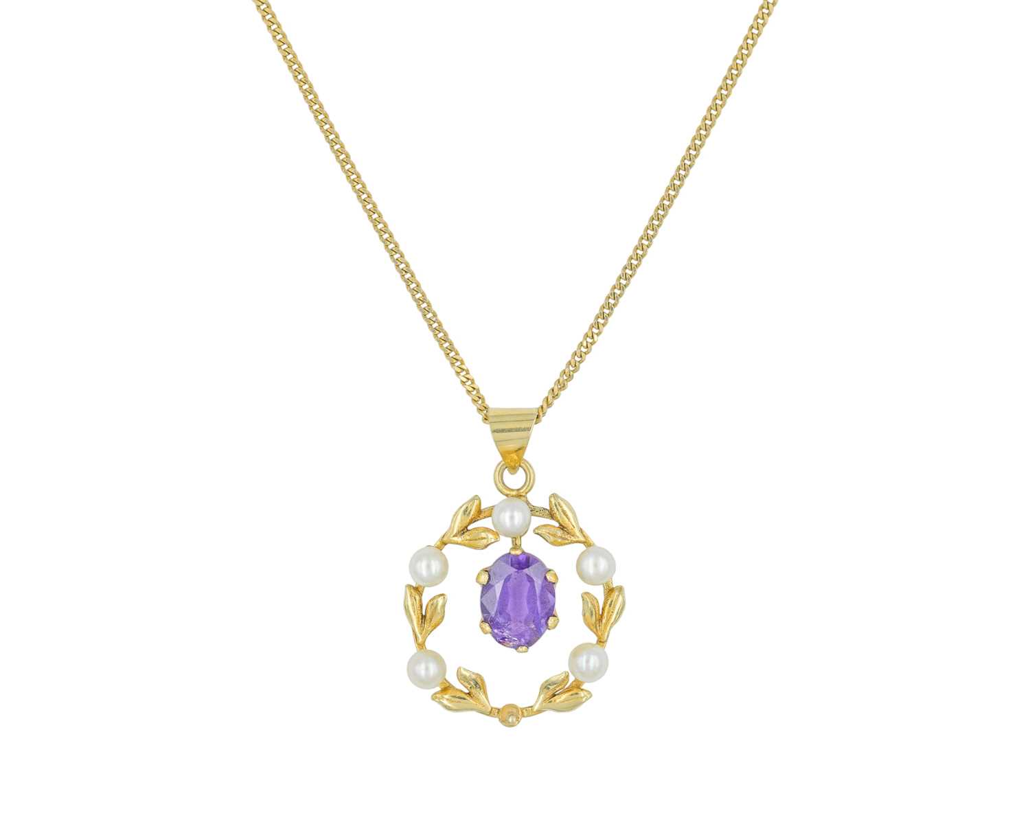 Lot 71 - A 9k amethyst and cultured pearl set pendant necklace by Cropp & Farr.
