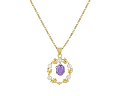 Lot 71 - A 9k amethyst and cultured pearl set pendant necklace by Cropp & Farr.
